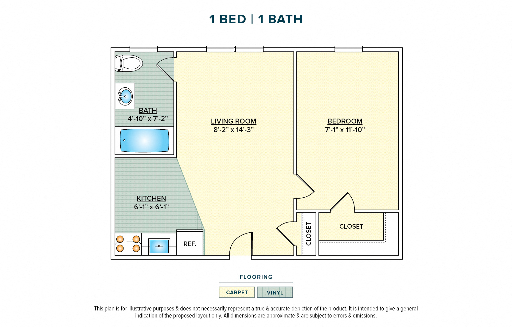 Floor plan for 1 bed, 1 bath, 297 sqft